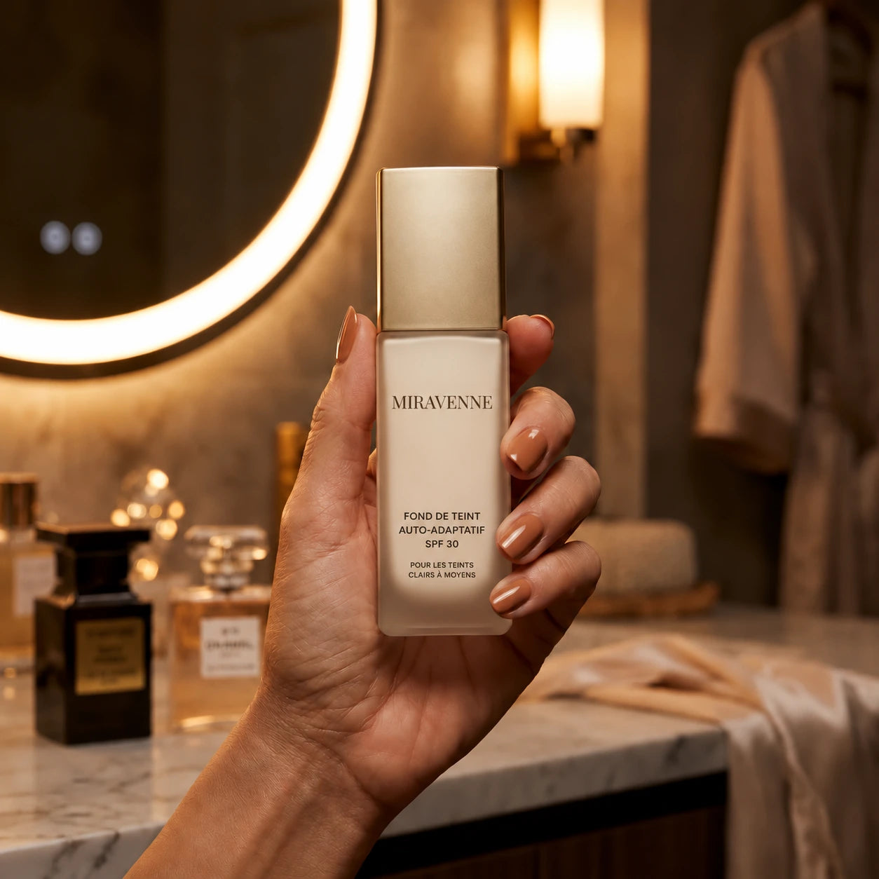 Le flacon Miravenne dans une salle de bain